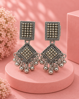 Stylish Fancy Oxidized Silver Geometric Earrings | Partywear Ghungroo Drop Earrings