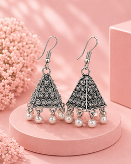 Stylish Fancy Oxidized Silver Pyramid Jhumka with Pearls - Trending Partywear Earrings