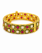 Traditional Gold Plated Antique Openable Kada Bangles for Women | Ruby & Kundan Floral Work Adjustable Bracelet | Gold & Red | (Pack of 2)