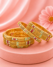 Stylish Antique Pink Stone Kada / Fancy Openable Temple Bangles (Set of 2)