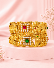 Royal Elephant Motif Temple Kada Set - 2 Heavy Partywear Stone & Pearl Bengals