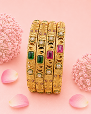 Stylish Gold-Plated Filigree Bangle Set (4 Pcs) - Red & Green Stones