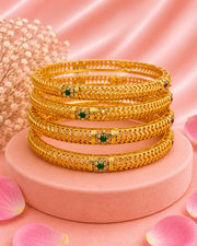 Trendy Green Floral Matte Gold Bangle Set | Fancy Partywear Chuda (Set of 4)