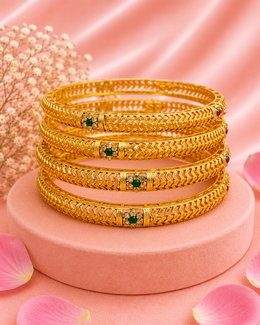 Trendy Green Floral Matte Gold Bangle Set | Fancy Partywear Chuda (Set of 4)