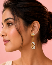 Stylish Gold Plated Fancy Long Chain Flower Earrings | Partywear American Diamond Dangler for Women