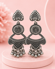 Trendy Fancy Heart Oxidized Earrings | Stylish Partywear Silver Earrings