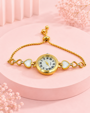 Fancy Gold Heart Adjustable Bracelet Watch | Stylish Partywear Ghadi for Women