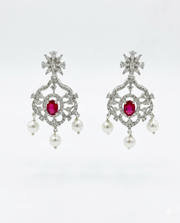 Fancy Purple Crystal & Pearl Partywear Earrings | Stylish AD Stone Drops