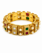 Traditional Gold Plated Multi-Color Stone & Pearl Studded Openable Bangles for Women | Antique Temple Jewelry | Pack of 2