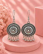 Trendy Fancy Oxidized Silver Mirror-Work Chandbali / Stylish Partywear Earrings for Women