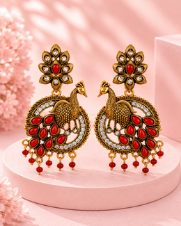 Stylish Antique Peacock Jhumka | Fancy Red Stone Earrings | Partywear Ethnic Earring for Women