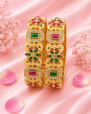 Traditional Gold Plated Rajwadi Kada Bangle Set for Women | Ruby & Emerald Green Stone Studded Antique Floral Design | 2 Pieces