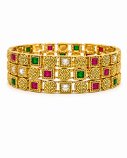 Stylish Emerald Green & White Stone Bangles / Fancy Gold Plated Chudi Set (4 Pcs)