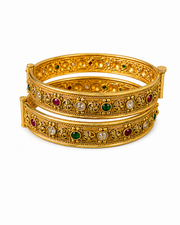 Traditional Gold Plated Multi-Color Stone Studded Openable Bangles for Women | Antique Temple Jewelry | Ruby, Emerald & White CZ Accents | Pack of 2