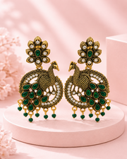 Stylish Fancy Peacock Partywear Earrings | Green Stone Traditional Drops