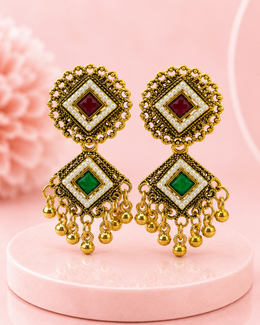 Fancy Gold Plated Partywear Red-Green Stone Earrings | Trending Traditional Pearl Danglers