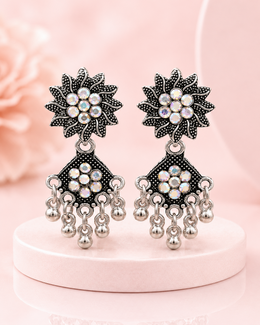 Fancy Oxidized Silver Flower Earrings | Stylish Partywear Jhumkis | Trending Boho Jewelry