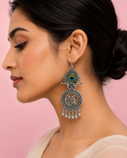 Fancy Krishna Peacock Feather Oxidized Silver Earrings | Stylish Partywear Earrings for Women