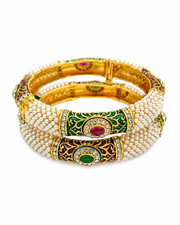 Traditional Rajwadi Bangles for Women | Gold Plated Meenakari Pearl Kada with Adjustable Screw | Ethnic Enamel Jewelry for Wedding & Festive Wear | Green & Red | Set of 2