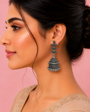 Fancy Leaf Design Oxidized Jhumka | Stylish Antique Silver Earrings | Trendy Partywear Jhumki
