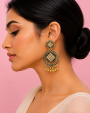 Trendy Antique Gold Geometric Earrings | Stylish Partywear Earring | Champagne Stone Studded Fancy Jhumka