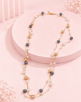 Fancy Partywear Double Layer Pearl Mala | Stylish Grey & Gold Moti Necklace for Women