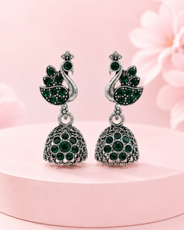 Stylish Peacock Green Stone Oxidized Jhumka | Partywear Fancy Earrings | Traditional Jhumki