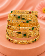 Traditional Gold Plated Meenakari Bangle Set for Women | Antique Kada with Green & Red Stones