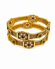 Traditional Gold Plated Antique Temple Bangles for Women | Ruby & Emerald Studded Floral Filigree Kada Set | Adjustable Openable Kada | Matte Finish | Pack of 2