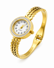 Fancy Gold-Plated Bangle Watch | Stylish Partywear AD Stone Studded Bracelet Watch for Women
