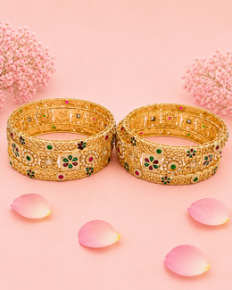 Traditional Gold-Plated Meenakari Kada Bangles for Women | Floral Filigree Work with Green & Maroon Enamel