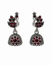 Fancy Peacock Ruby Red Oxidized Jhumka Earrings | Stylish Partywear Jhumki