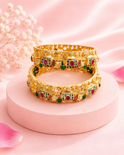 Stylish Antique Matte Gold Bangles / Fancy Temple Kangan / Partywear Kada Set Of 2