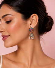 Peacock Motif Oxidized Silver Jhumka Earrings with Multi-Color Stones