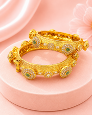 Fancy Emerald Green & White Stone Openable Kadas | Stylish Antique Gold Plated Bangles (Set of 2)