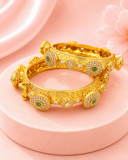 Fancy Emerald Green & White Stone Openable Kadas | Stylish Antique Gold Plated Bangles (Set of 2)